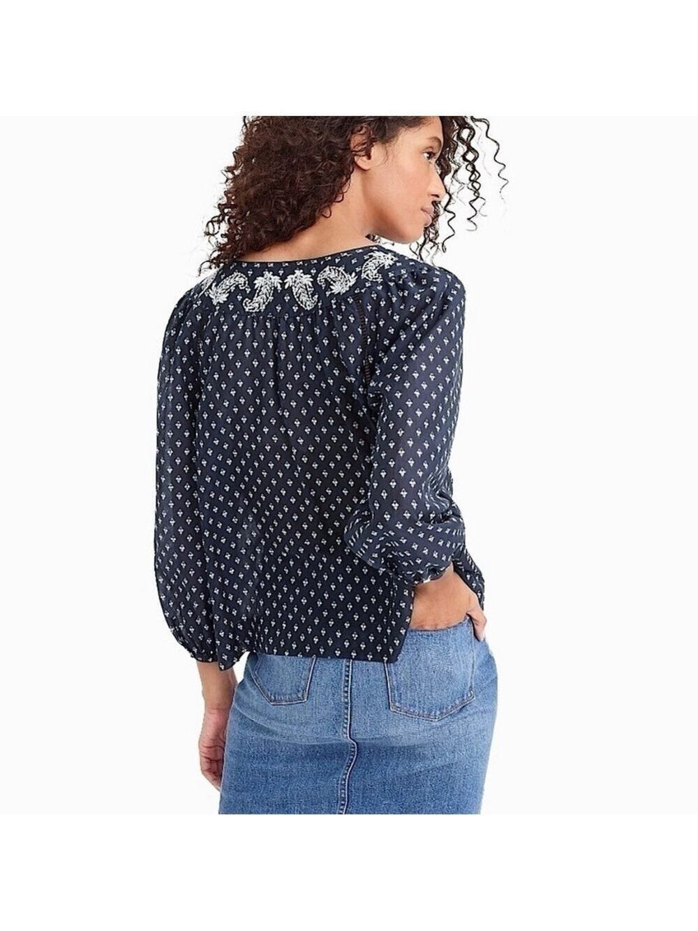 J. Crew Point Sur Embroidered Block Print Peasant Top - Picture 2 of 9